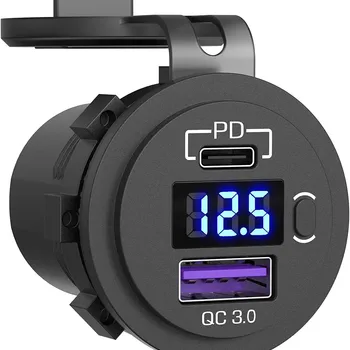 차량용 USB C 충전기 소켓, LED 전압계, 켜기/끄기 스위치, 듀얼 USB 소켓, PD3.0 및 QC3.0, 12V, 24V