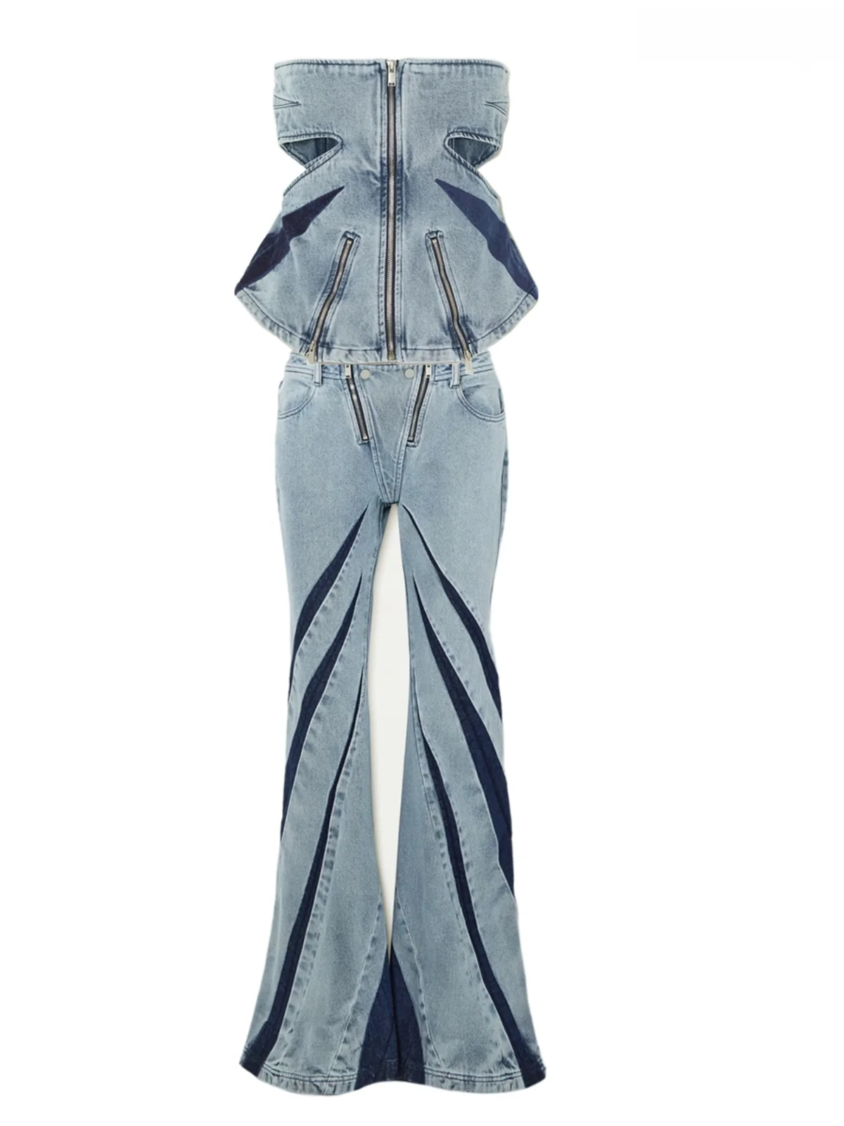 Summer American Sweet And Spicy Streetwear Zipper Hollow out Color Block 3D Splicing Denim Crop Top And High Waist Pants Set
Summer American Sweet And Spicy Streetwear Zipper Hollow out Color Block 3D Splicing Denim Crop Top And High Waist Pants Set