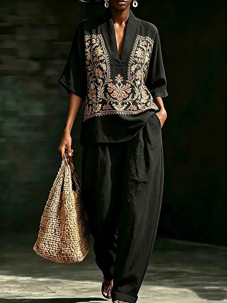 Women's Ethnic Floral Print 2 Piece Matching Set V Neck Top Side Pocket Wide Leg Pants Elegant Summer Loose Casual Outfit Suit
Women's Ethnic Floral Print 2 Piece Matching Set V Neck Top Side Pocket Wide Leg Pants Elegant Summer Loose Casual Outfit Suit