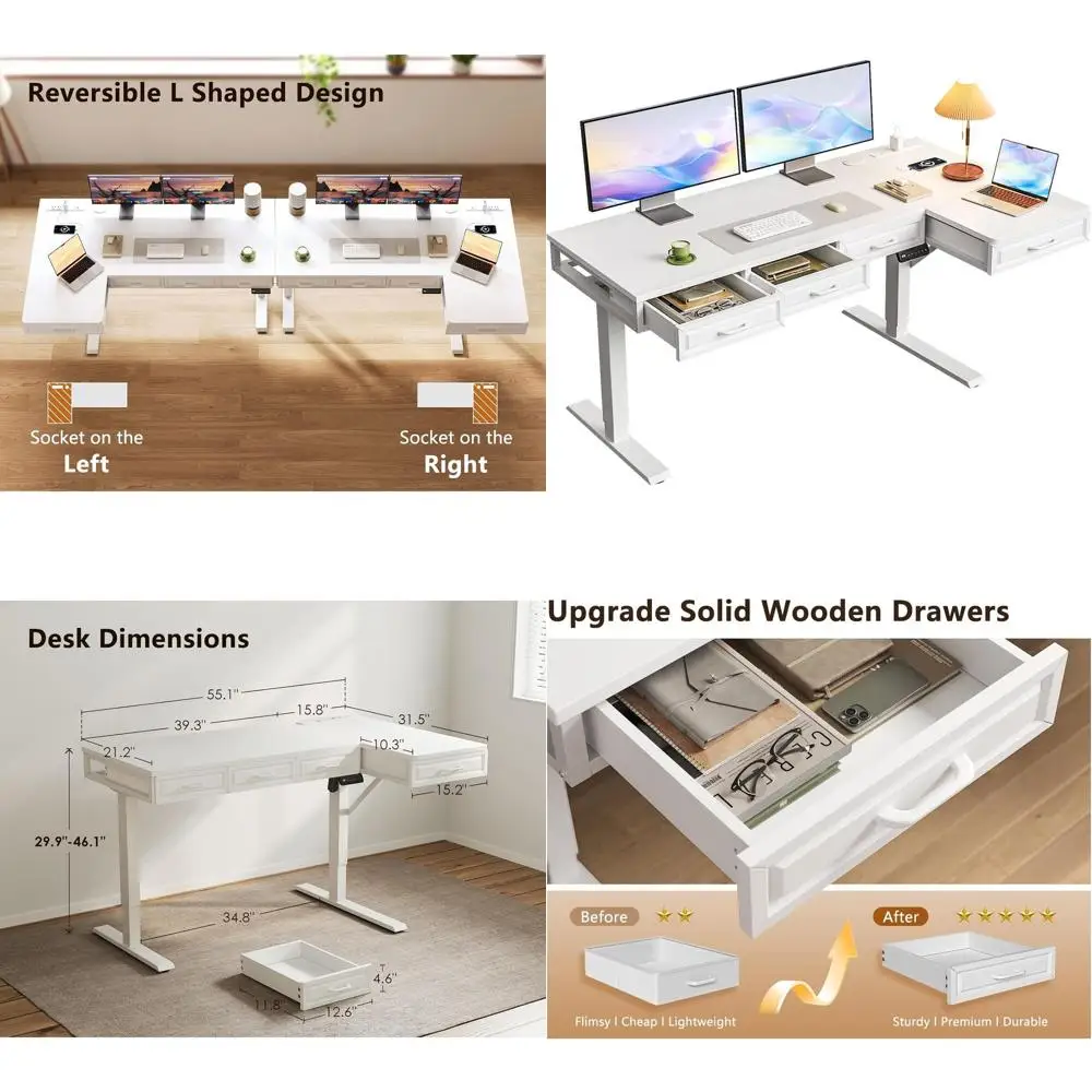 55 White Wooden L-Shaped Electric Standing Desk with Height Adjustment & Power Outlets for Home Office
55 White Wooden L-Shaped Electric Standing Desk with Height Adjustment & Power Outlets for Home Office