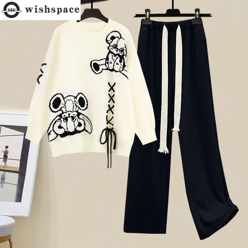 Cartoon Printed Lace Up Knit Sweater Pullover Loose Wide Legged Pants Two-piece Elegant Women's Pants Set Winter Outfits
Cartoon Printed Lace Up Knit Sweater Pullover Loose Wide Legged Pants Two-piece Elegant Women's Pants Set Winter Outfits
