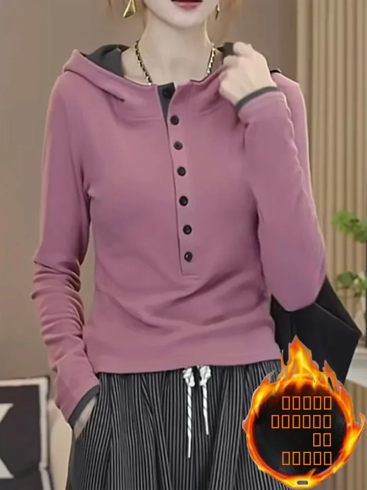 Double-Sided Velvet Long-Sleeve Hoodie T-Shirt Women's Slim Fit Base Layer Top Fashionable Color Block Single Button Design
Double-Sided Velvet Long-Sleeve Hoodie T-Shirt Women's Slim Fit Base Layer Top Fashionable Color Block Single Button Design