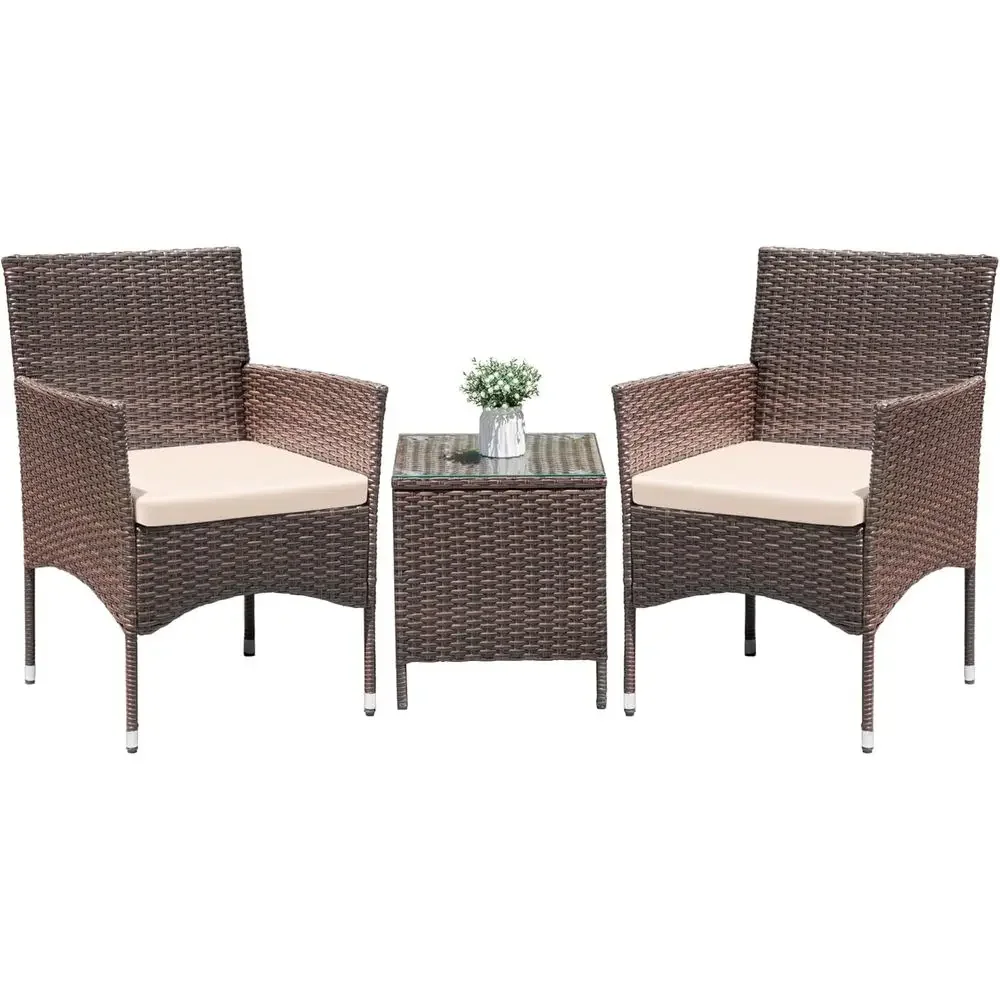 3-Piece Outdoor Patio Rattan Wicker Dining Set with Cushions and Glass Top Table, Brown & Beige
3-Piece Outdoor Patio Rattan Wicker Dining Set with Cushions and Glass Top Table, Brown & Beige