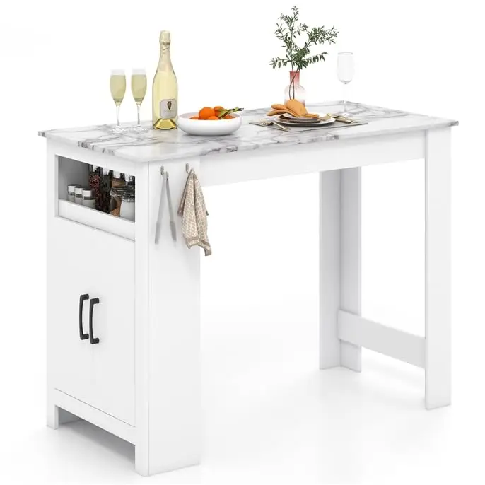 White Counter Height Dining Table With Marble Top, Cabinet Storage, Open Shelf, And Towel Hooks For Kitchen Or Pub Use
White Counter Height Dining Table With Marble Top, Cabinet Storage, Open Shelf, And Towel Hooks For Kitchen Or Pub Use