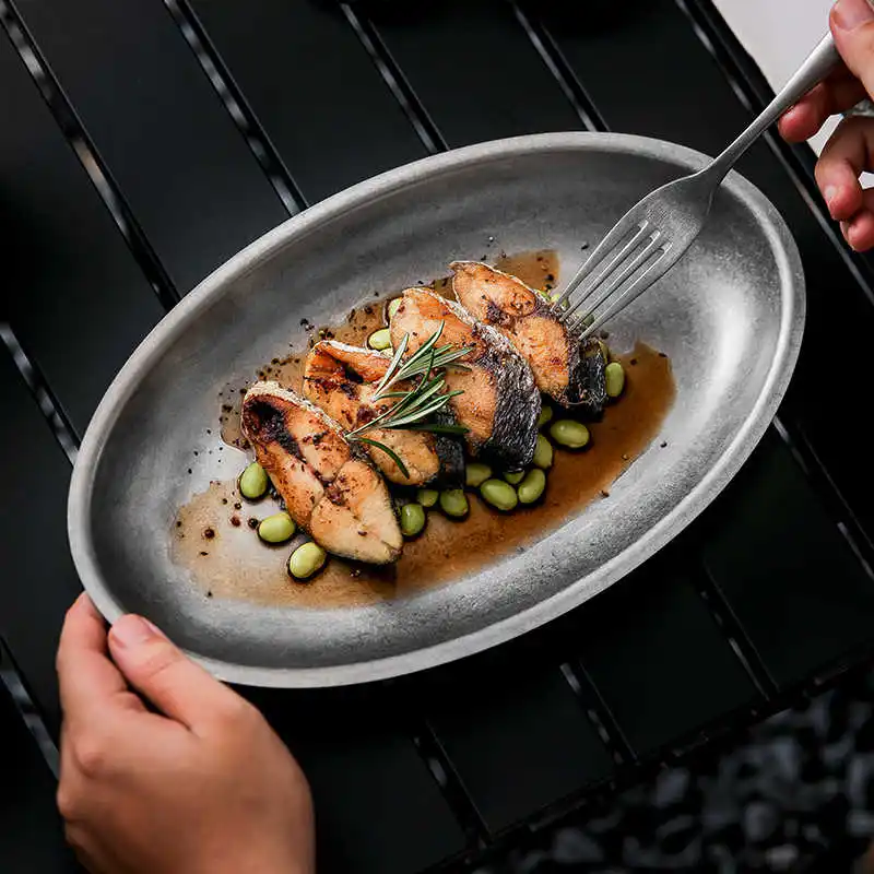 Retro Industrial Sle 304 Stainl Steel Western Dinner Plate Multifunctional Food Tray BBQ Skewers Snas Oval ape Plate
Retro Industrial Sle 304 Stainl Steel Western Dinner Plate Multifunctional Food Tray BBQ Skewers Snas Oval ape Plate