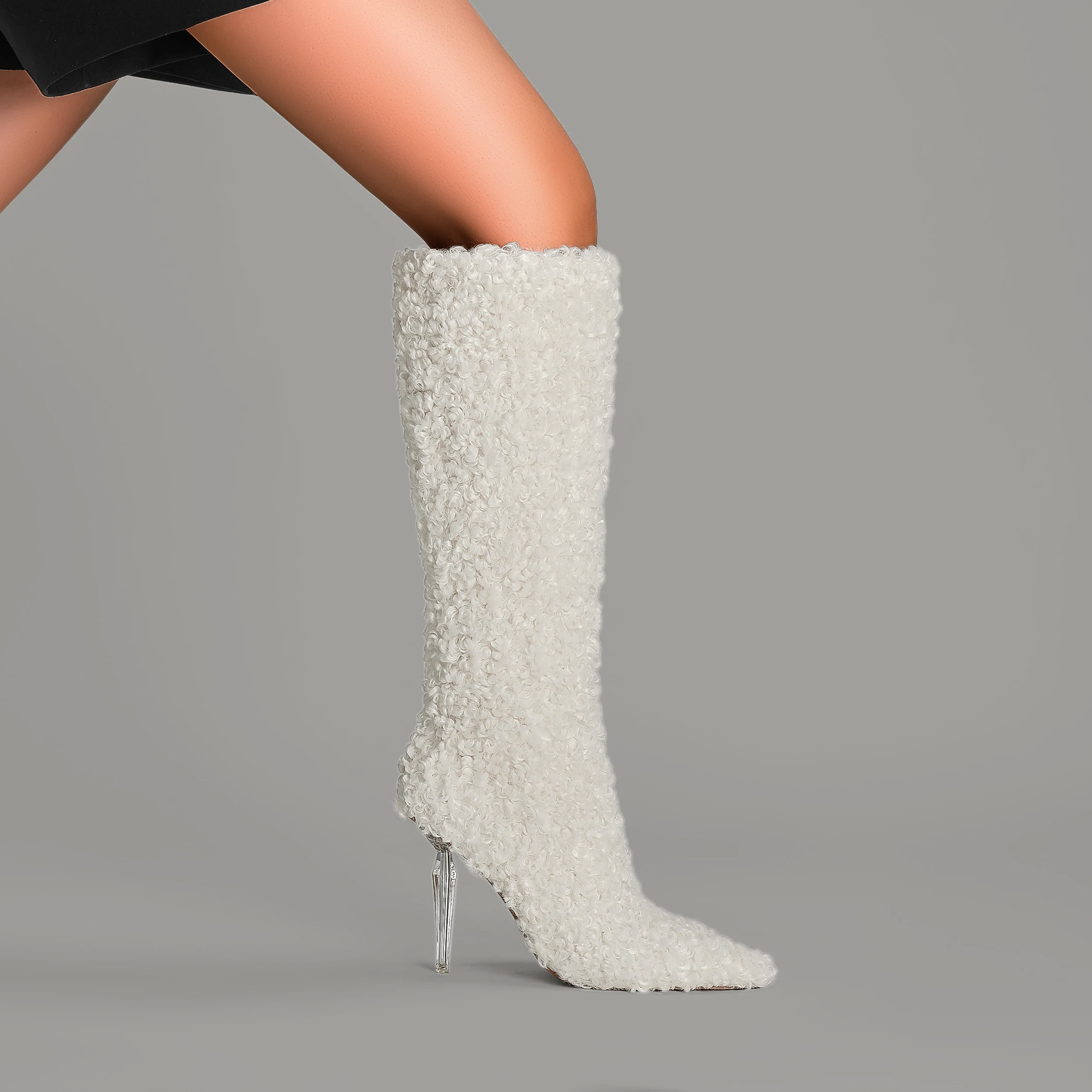 Pointed toe imitation lamb wool knee-high boots white large size transparent stiletto heel 45 46 large size high boots fur boots
Pointed toe imitation lamb wool knee-high boots white large size transparent stiletto heel 45 46 large size high boots fur boots