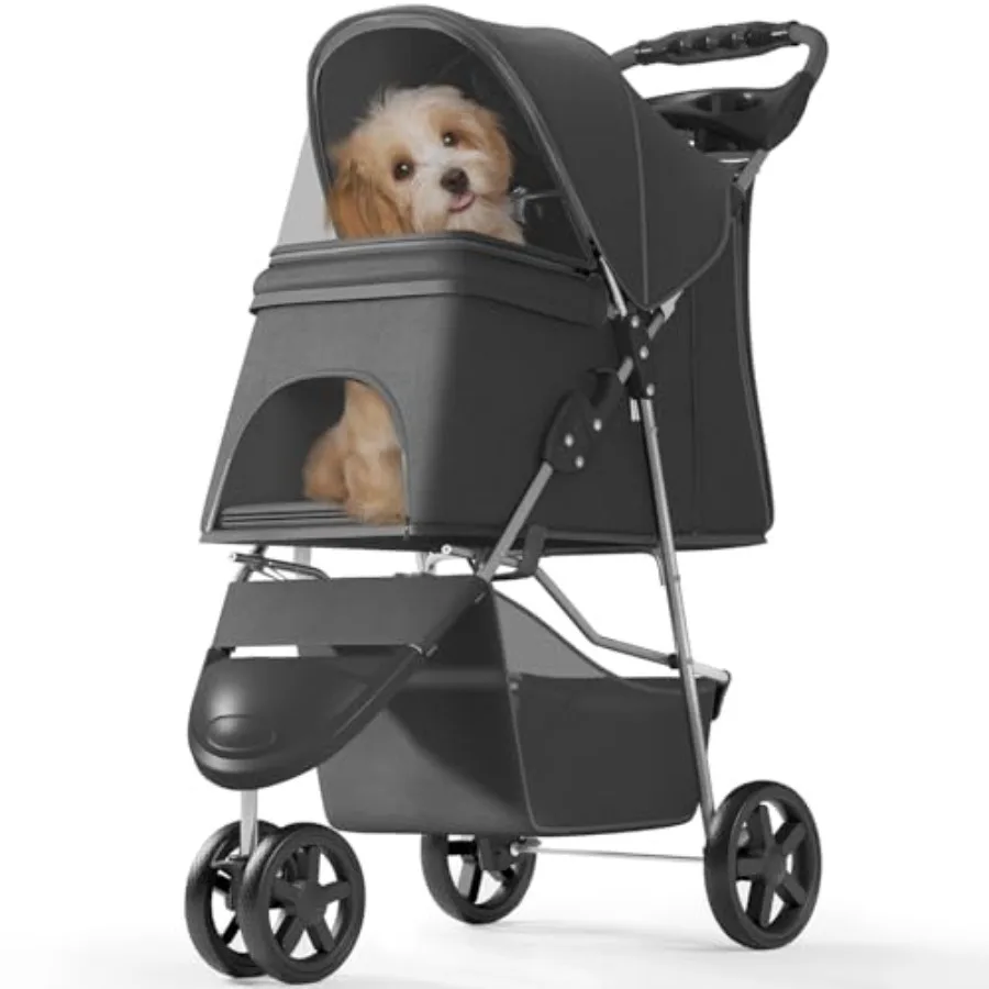 Pet stroller for small/medium dogs and cats, black polyester fabric, portable foldable 3-wheel jogger with rear wheel brakes, m
Pet stroller for small/medium dogs and cats, black polyester fabric, portable foldable 3-wheel jogger with rear wheel brakes, m