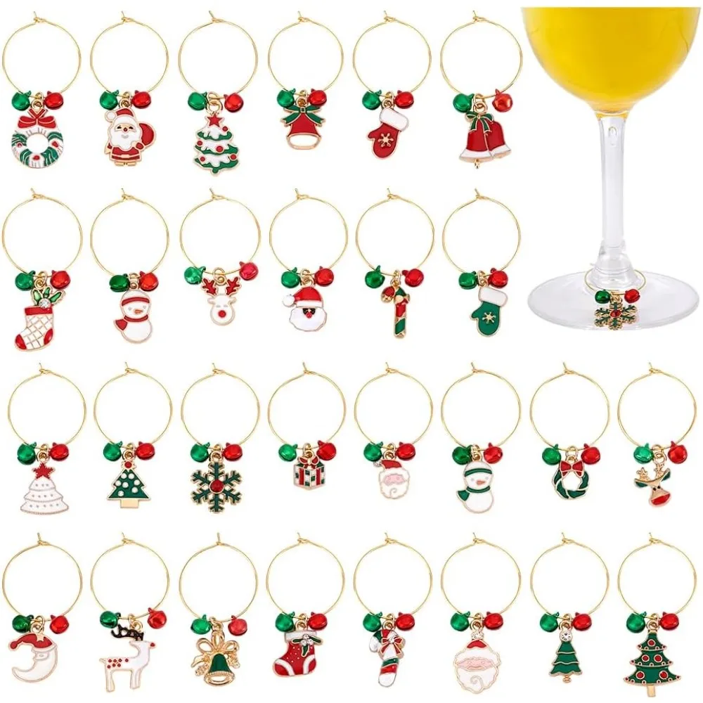 28Pcs 28 Styles Christmas Aluminum Bell Alloy Enamel Wine Glass Charms with Brass Wine Glass Charms Ring Mixed Color 49~56mm
28Pcs 28 Styles Christmas Aluminum Bell Alloy Enamel Wine Glass Charms with Brass Wine Glass Charms Ring Mixed Color 49~56mm