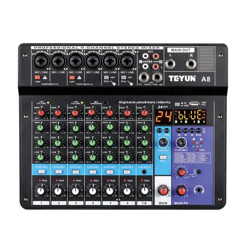 TEYUN A8 Portable Mixer Sound Card 8-Channel Mixing Console Computer Recording DJ Audio Equipment EU Plug-ABPS
TEYUN A8 Portable Mixer Sound Card 8-Channel Mixing Console Computer Recording DJ Audio Equipment EU Plug-ABPS