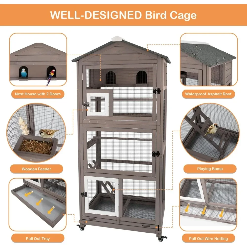 68.8" Outdoor Bird Aviary – Large Wooden Indoor Cage for Parakeets | On Wheels with Removable Wire Netting & Pull-Out Tray
68.8" Outdoor Bird Aviary – Large Wooden Indoor Cage for Parakeets | On Wheels with Removable Wire Netting & Pull-Out Tray