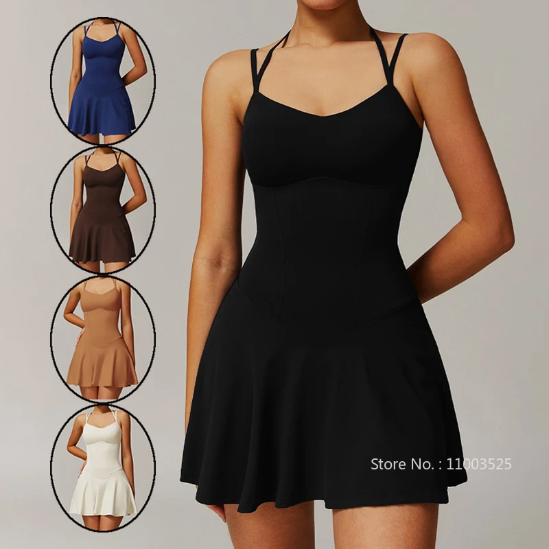Women Straps Sports Tennis Dress Ladies Built in Bra Running Dresses Sleeveless Fitness Tennis Skirts with Inner Short
Women Straps Sports Tennis Dress Ladies Built in Bra Running Dresses Sleeveless Fitness Tennis Skirts with Inner Short