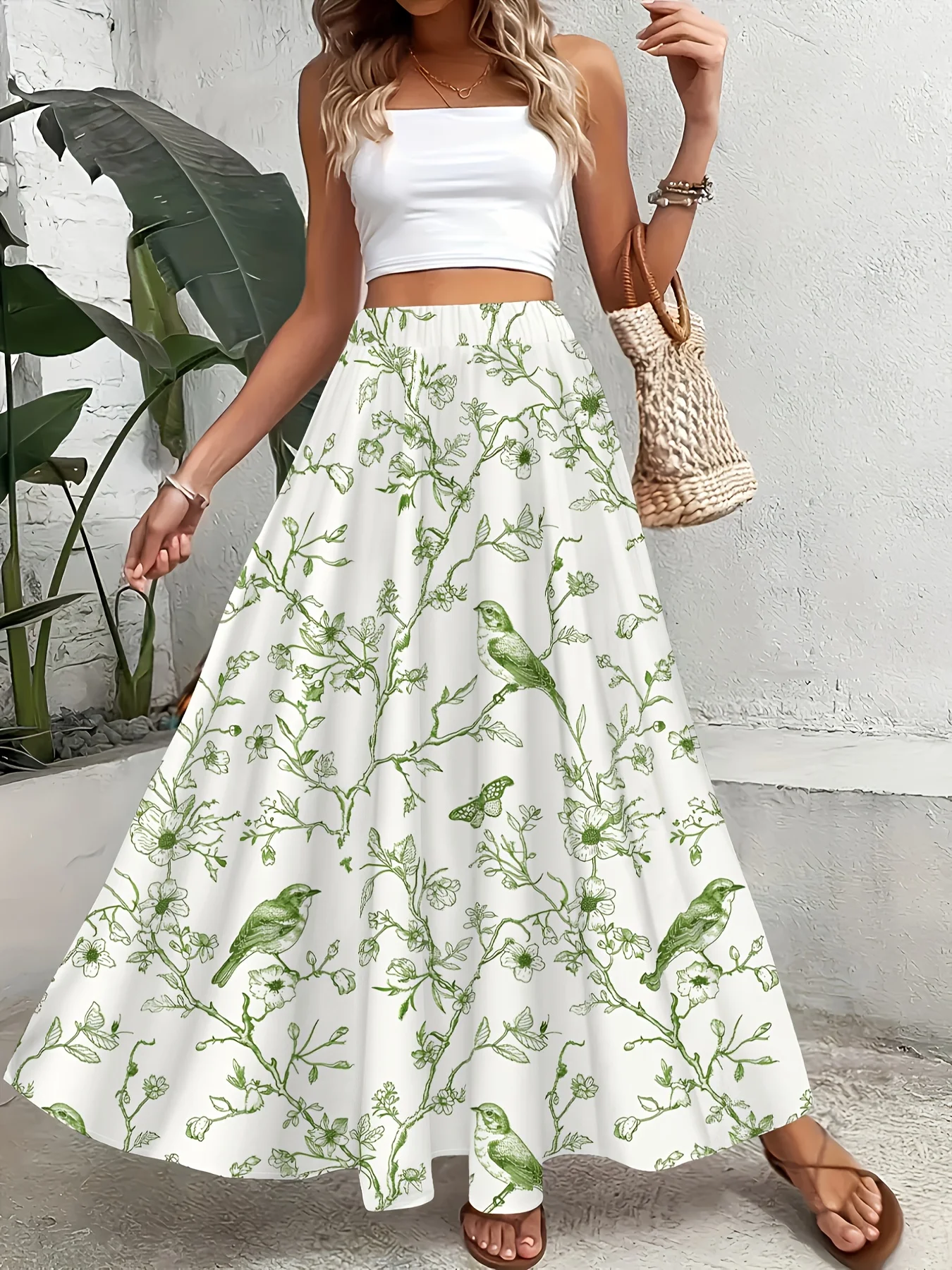 Women's Casual Green A-Line Skirt with Bird and Branch Print Elastic Waist Midi Skirt Summer Office Wear Trendy Fashion Skirt
Women's Casual Green A-Line Skirt with Bird and Branch Print Elastic Waist Midi Skirt Summer Office Wear Trendy Fashion Skirt