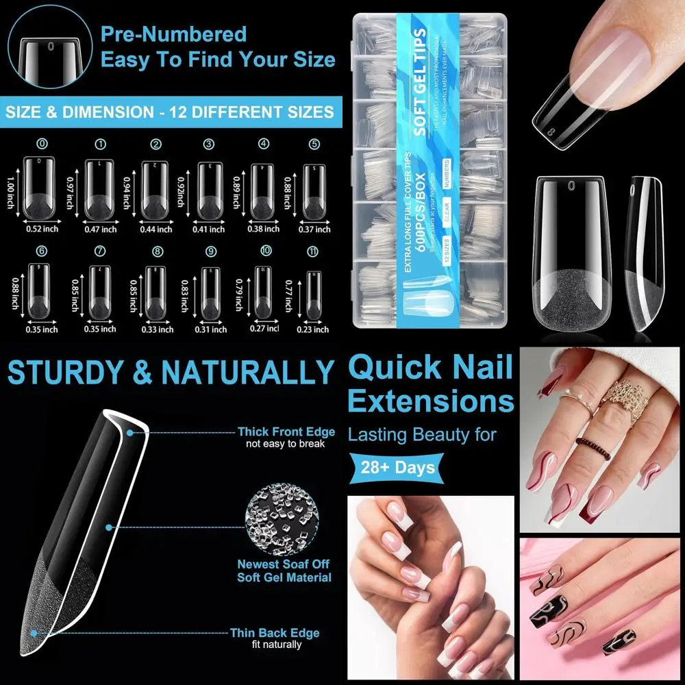 Medium Square Gel Nail Tips 600Pcs 12 Sizes Kit, Tapered Pre-etching Square PrOn Nails or Extension Manicure Easy DIY Art Home S
Medium Square Gel Nail Tips 600Pcs 12 Sizes Kit, Tapered Pre-etching Square PrOn Nails or Extension Manicure Easy DIY Art Home S