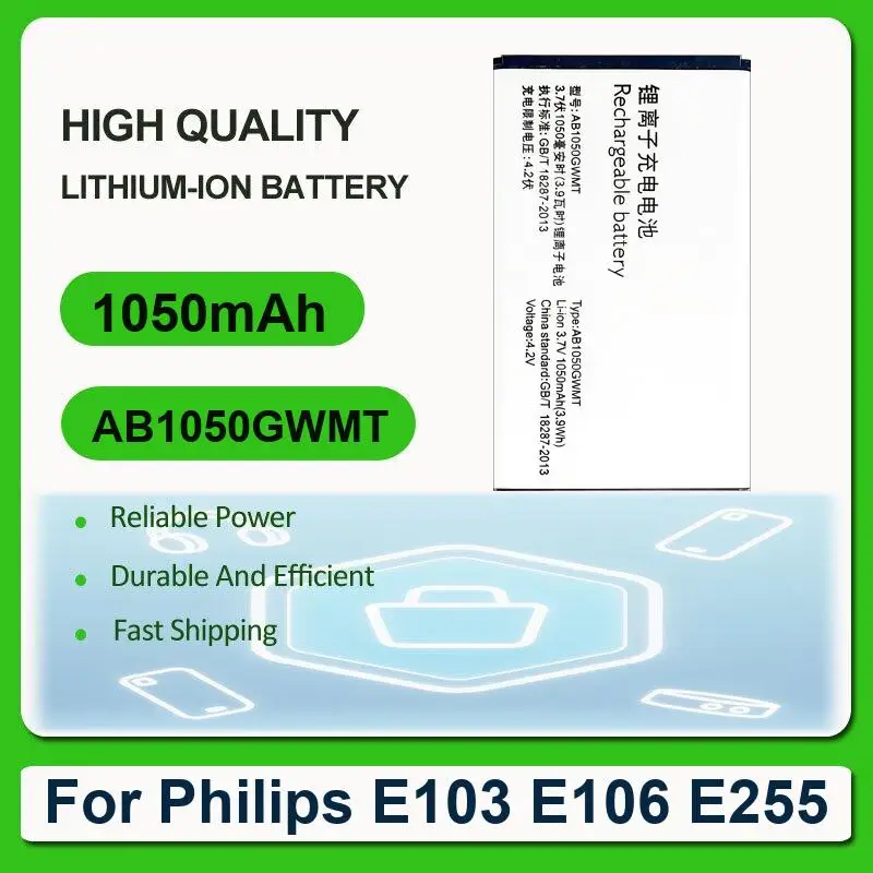 Replacement Mobile Phone Battery For Philips E103 E106 E255 AB1050GWMT 1050mAh
Replacement Mobile Phone Battery For Philips E103 E106 E255 AB1050GWMT 1050mAh