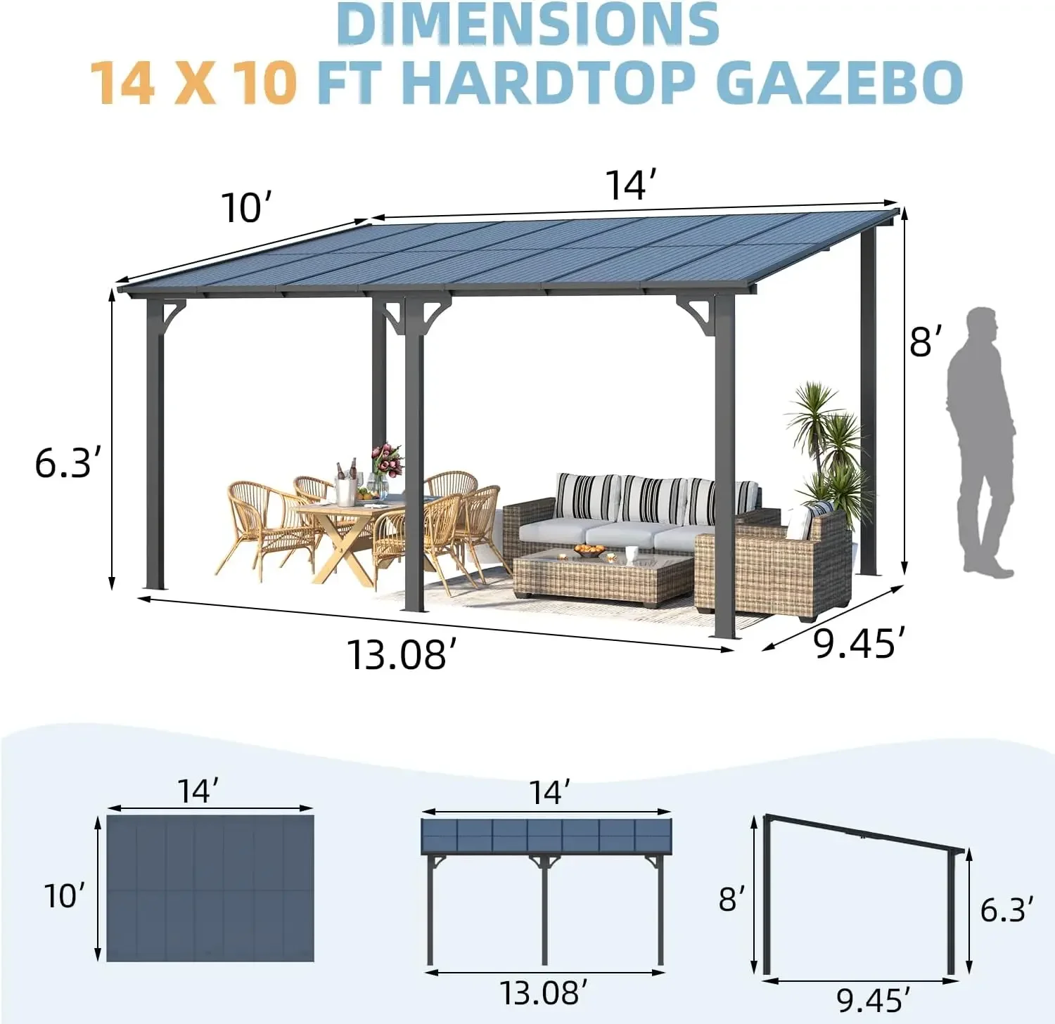 14' x 10' Gazebo for Patio, Hard Top Lean to Gazebo Pergola with Roof (140 Sq), Large Wall-Mounted Heavy Duty Awnings for Patio
14' x 10' Gazebo for Patio, Hard Top Lean to Gazebo Pergola with Roof (140 Sq), Large Wall-Mounted Heavy Duty Awnings for Patio
