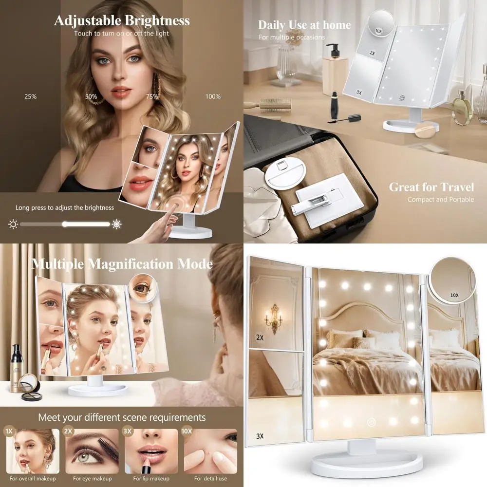 Illuminated Vanity Mirror with 2X-3X-10X Magnification, Touchscreen Control, Tri-fold Design, Dual Power, Suitable for Gifts & A
Illuminated Vanity Mirror with 2X-3X-10X Magnification, Touchscreen Control, Tri-fold Design, Dual Power, Suitable for Gifts & A