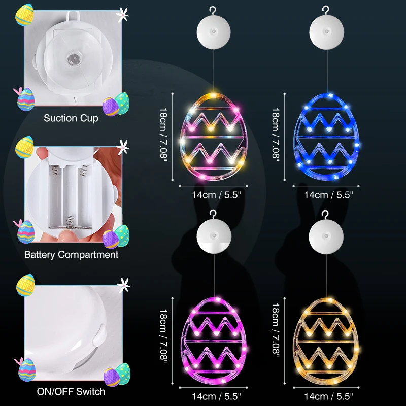 2/4pcs Set Mixed Color Easter Window Lights Egg Shaped Hanging String Light With Suction Cup Battery Powered Door Easter Decor
2/4pcs Set Mixed Color Easter Window Lights Egg Shaped Hanging String Light With Suction Cup Battery Powered Door Easter Decor