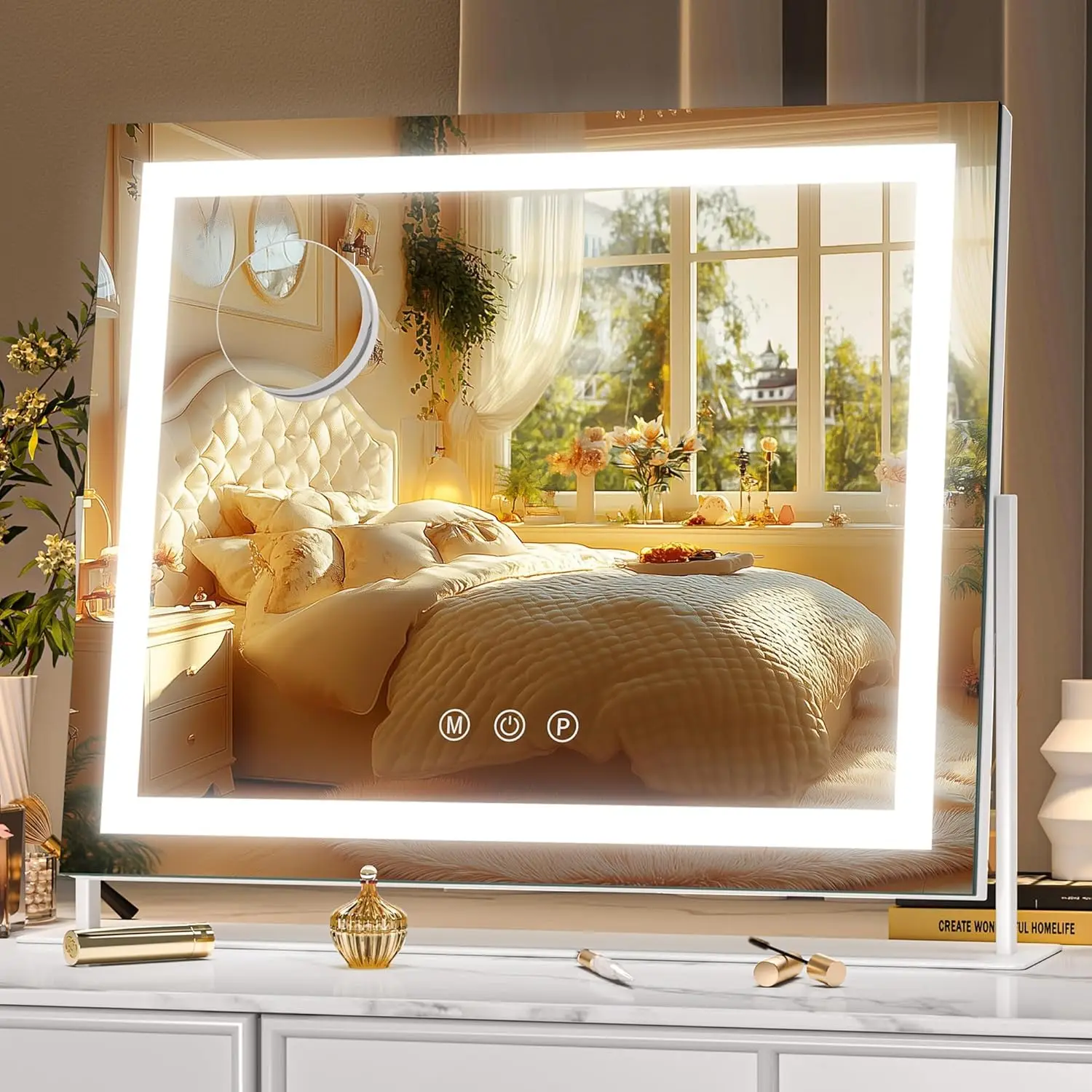 Зеркало для макияжа LED 13,8 x 10,6 дюймов с подсветкой, 10-кратным увеличением, умным сенсорным управлением и регулировкой цвета, поворот на 360 градусов ° Вращение в белых тонах
Зеркало для макияжа LED 13,8 x 10,6 дюймов с подсветкой, 10-кратным увеличением, умным сенсорным управлением и регулировкой цвета, поворот на 360 градусов ° Вращение в белых тонах
