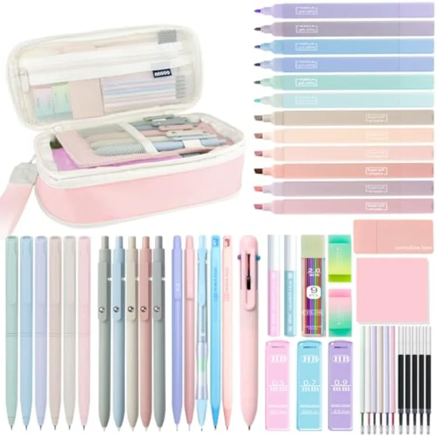 54Pcs Aesthetic School Supplies Set with Large Pastel Pencil Case 12 Dual Tip Highlighters, 6 Gel Pens, 5 Black Pens, 5 Mechani
54Pcs Aesthetic School Supplies Set with Large Pastel Pencil Case 12 Dual Tip Highlighters, 6 Gel Pens, 5 Black Pens, 5 Mechani