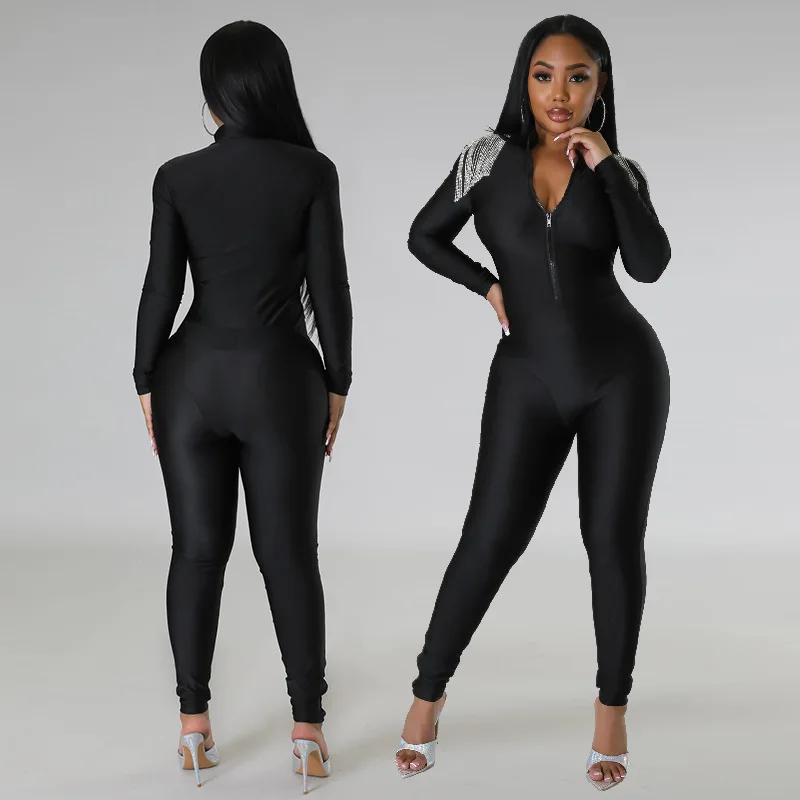 BKLD Fashion Summer Outfits One Pieces Pants Chain Tassel Solid Color Black Slim Fitting Long Sleeve Zipper Jumpsuit For Women
BKLD Fashion Summer Outfits One Pieces Pants Chain Tassel Solid Color Black Slim Fitting Long Sleeve Zipper Jumpsuit For Women