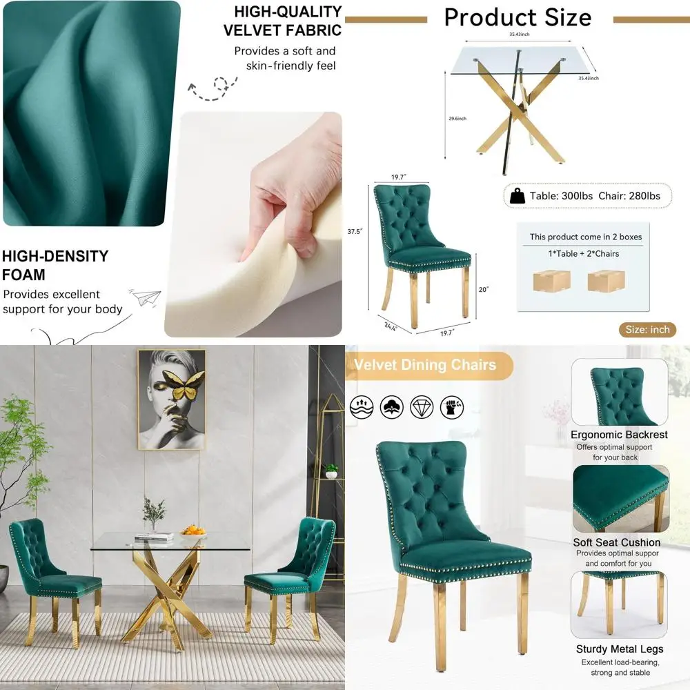 Elegant 35 Square Glass Dining Set with Velvet Chairs in Gold & Green
Elegant 35 Square Glass Dining Set with Velvet Chairs in Gold & Green