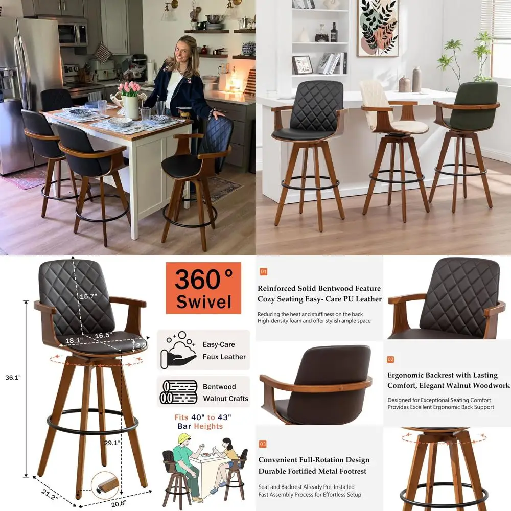 Set of 3 Walnut Swivel Bar Stools, 29 Seat Height, Curved Backrest, Arms, and Upholstered Seat for Kitchen Island or Pub Use
Set of 3 Walnut Swivel Bar Stools, 29 Seat Height, Curved Backrest, Arms, and Upholstered Seat for Kitchen Island or Pub Use