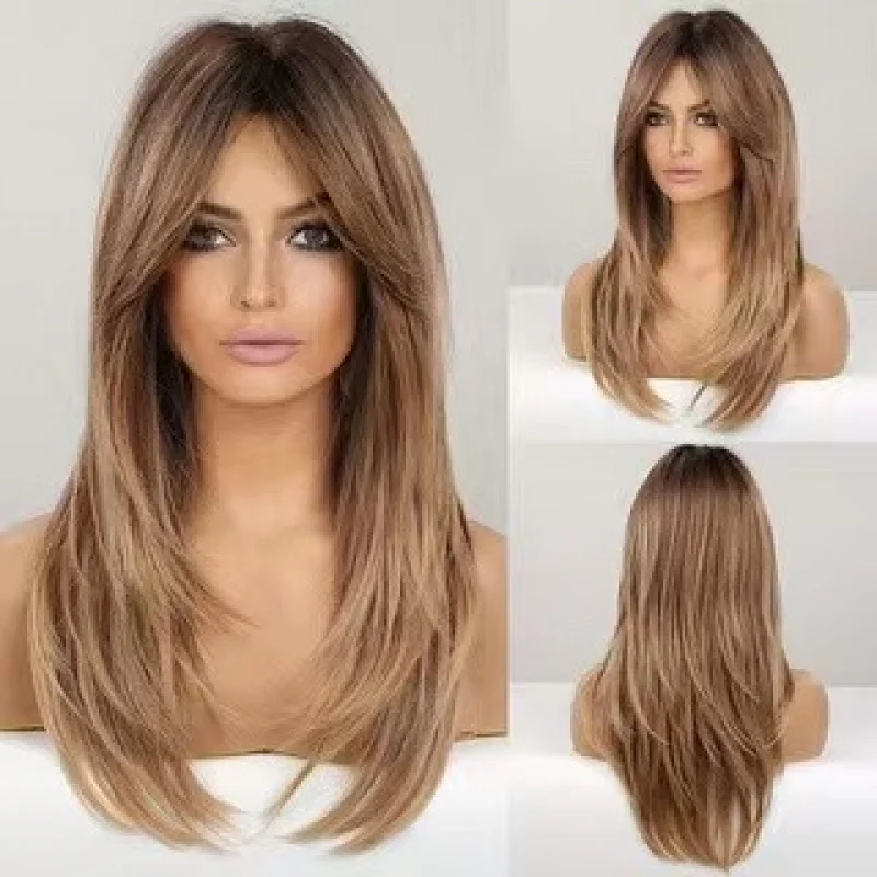 European and American layered gradient mixed-color long hair wig with bangs, middle parting, slightly curled, made of synthetic
European and American layered gradient mixed-color long hair wig with bangs, middle parting, slightly curled, made of synthetic