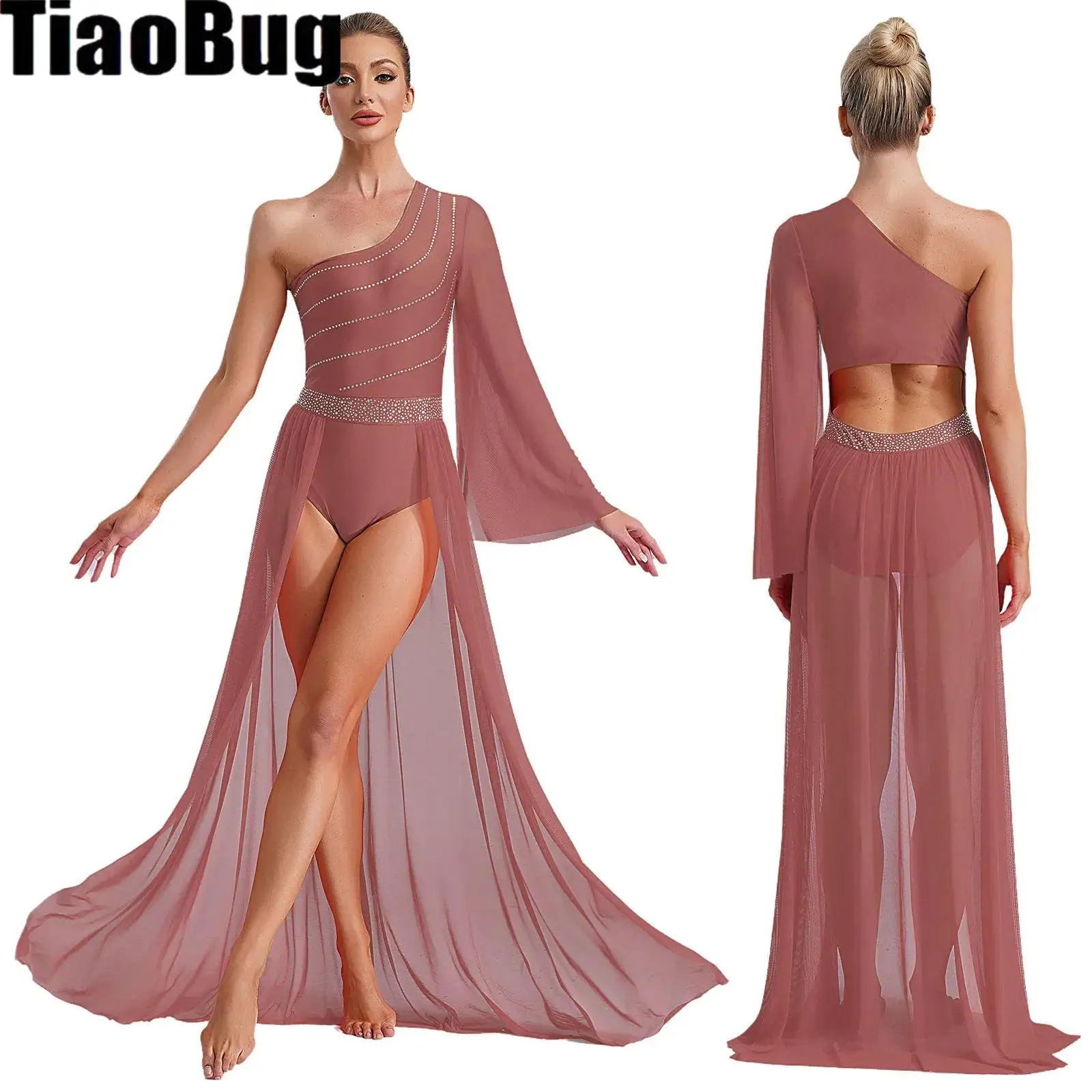 Womens Lyrical Ballet Dress One Shoulder Dance Costume Sheer Mesh Flared Sleeve Shiny Rhinestones Flowy Split Dress
Womens Lyrical Ballet Dress One Shoulder Dance Costume Sheer Mesh Flared Sleeve Shiny Rhinestones Flowy Split Dress