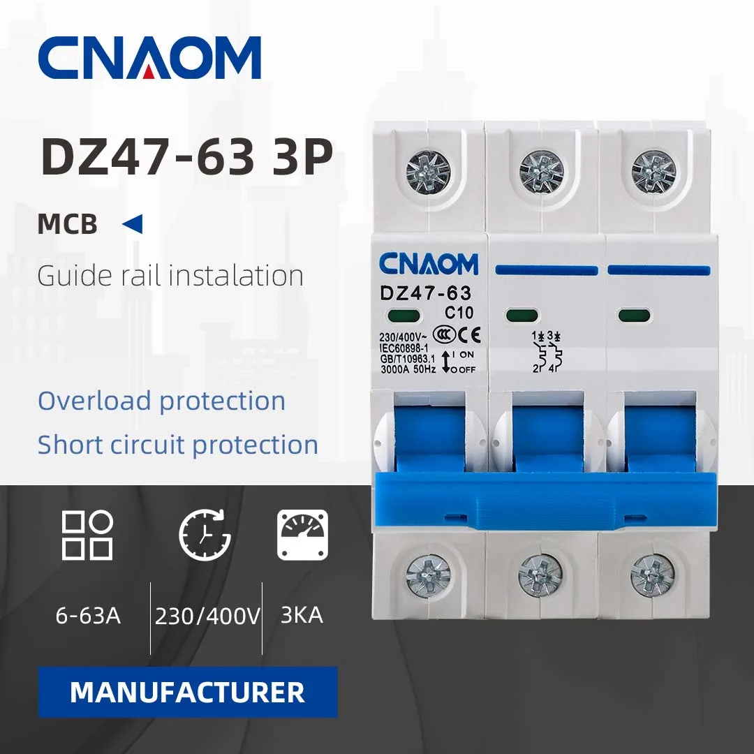 CNAOM 3P DZ47-63 Miniature Circuit Breaker Household Overload Short Circuit Protection 230/400V Electrical Safety Device
CNAOM 3P DZ47-63 Miniature Circuit Breaker Household Overload Short Circuit Protection 230/400V Electrical Safety Device