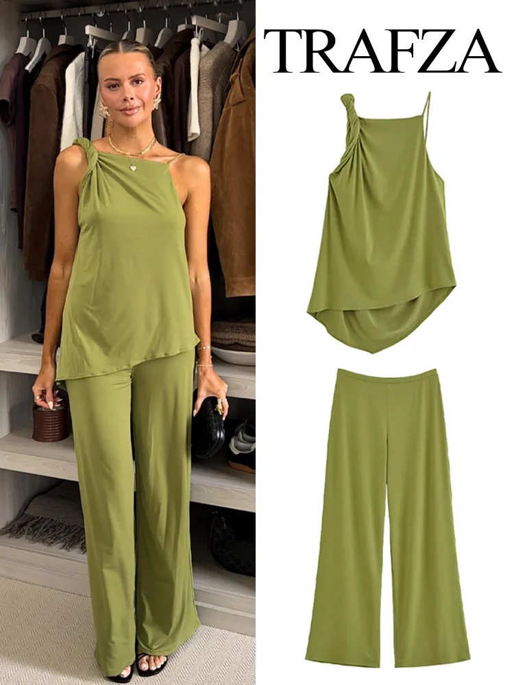 TRAFZA Women Chic Pants Suit Pleated Asymmetric Decoration Sleeveless Backless Top+Elastic Waist-drooping Wide-leg Solid Pants
TRAFZA Women Chic Pants Suit Pleated Asymmetric Decoration Sleeveless Backless Top+Elastic Waist-drooping Wide-leg Solid Pants