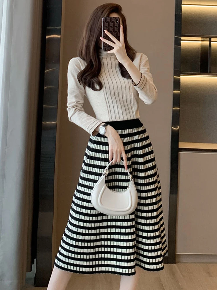 High Quality Elegant Office OL Knitted Sweater Suit For Women Half High Collar Long Sleeve Pullover Tops + Stripe A-Line Skirts
High Quality Elegant Office OL Knitted Sweater Suit For Women Half High Collar Long Sleeve Pullover Tops + Stripe A-Line Skirts