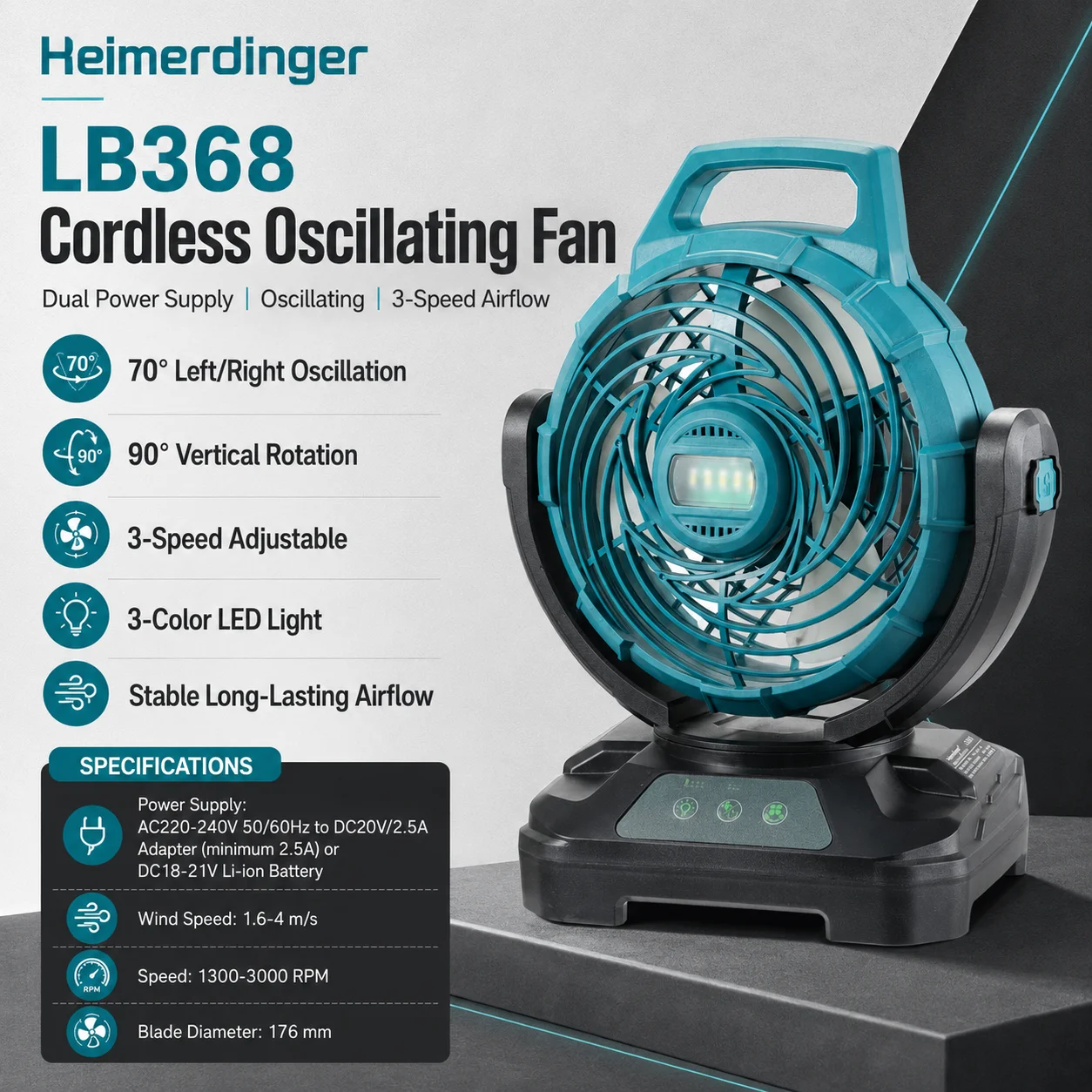 Heimerdinger LB368 Cordless Oscillating Fan 18-21V/AC Portable Battery Powered Fan with LED Light 3 Speeds Camping, No battery
Heimerdinger LB368 Cordless Oscillating Fan 18-21V/AC Portable Battery Powered Fan with LED Light 3 Speeds Camping, No battery