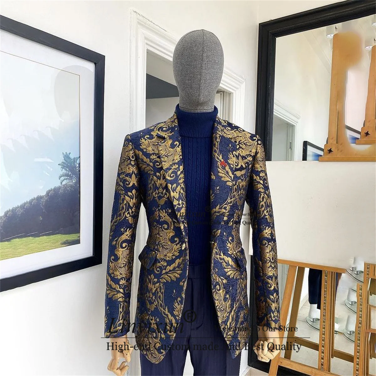 Navy Blue Jacquard Men Suits Notched Lapel Groom Tuxedos 2 Pieces Set Wedding Male Prom Blazers Strip Pants Slim Costume Homme
Navy Blue Jacquard Men Suits Notched Lapel Groom Tuxedos 2 Pieces Set Wedding Male Prom Blazers Strip Pants Slim Costume Homme