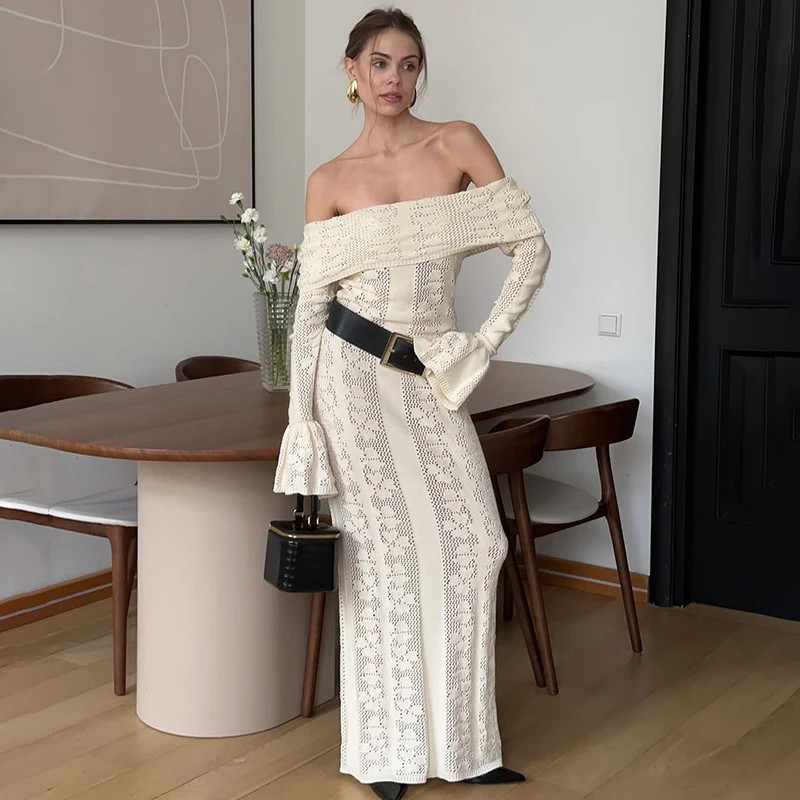 Tornova Hollow One Shoulder Knitted Long Dress Women's Flared Sleeve High Waist Elegant Crochet Dress Lady Vacation Party Dress
Tornova Hollow One Shoulder Knitted Long Dress Women's Flared Sleeve High Waist Elegant Crochet Dress Lady Vacation Party Dress