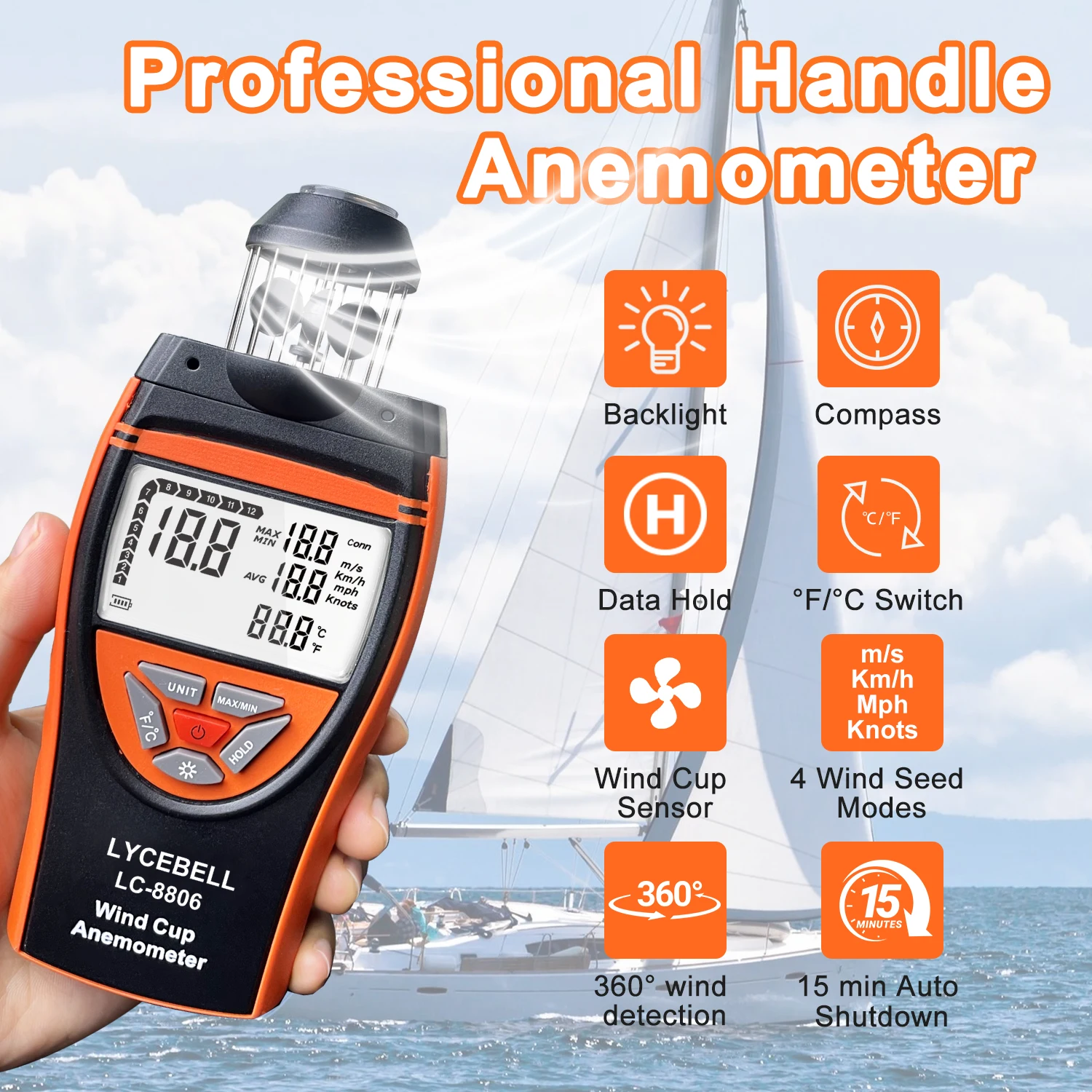 HP-8806 Wind Speed Meter 2.5~150 KM/H Handheld Cup Anemometer with Temperature Display Backlight MAX/MIN/AVG for Sailing
HP-8806 Wind Speed Meter 2.5~150 KM/H Handheld Cup Anemometer with Temperature Display Backlight MAX/MIN/AVG for Sailing