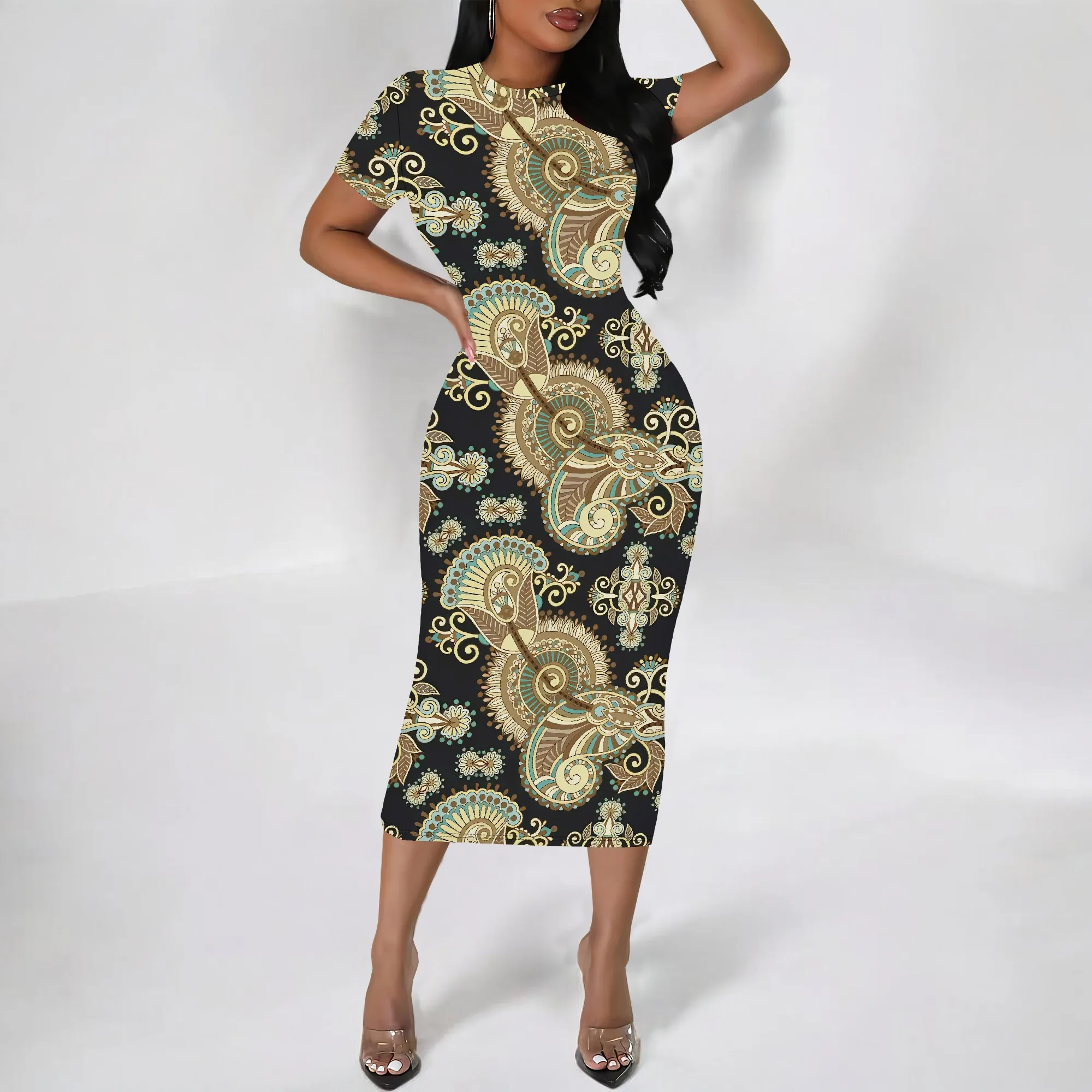 Vintage Paisley Floral Print Bodycon Midi Dress for Women Short Sleeve Slim Fit African Style Dress
Vintage Paisley Floral Print Bodycon Midi Dress for Women Short Sleeve Slim Fit African Style Dress