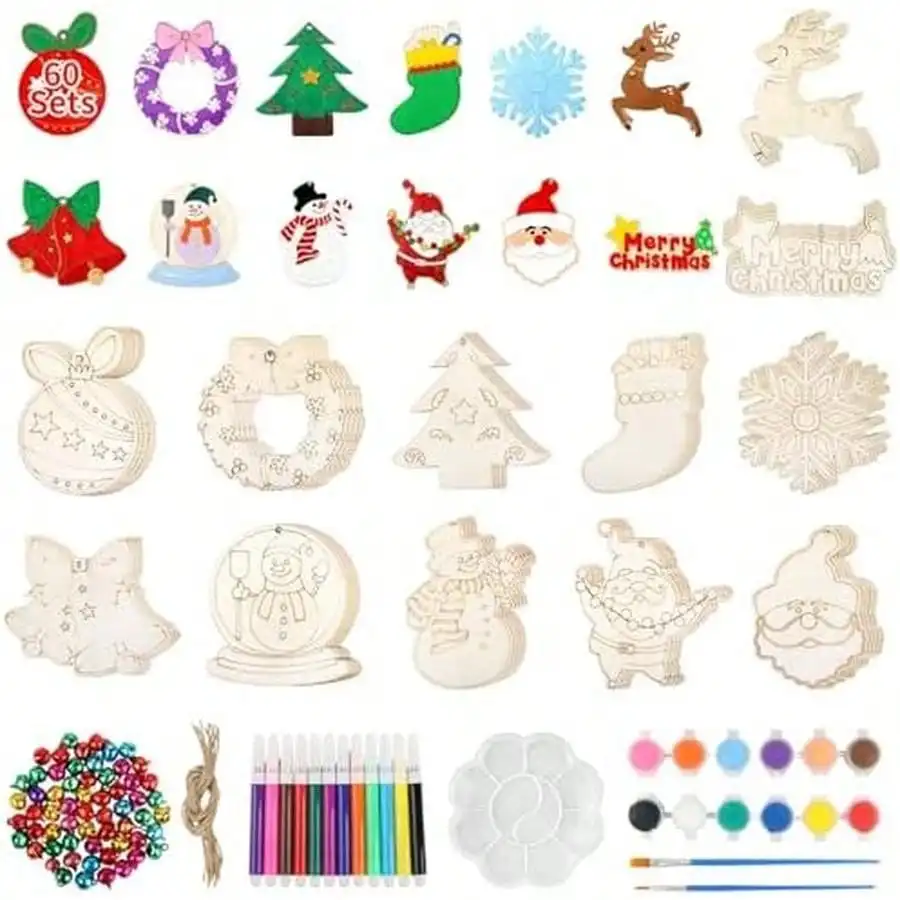 60 PCS Unfinished Wooden Christmas Ornaments To Paint 12 Styles Wood Ornaments For Crafts, DIY Christmas Tree Ornaments Craft Kit For Kids With Bells, Color Pens And Paint Set, Christmas Ornaments Set
60 PCS Unfinished Wooden Christmas Ornaments To Paint 12 Styles Wood Ornaments For Crafts, DIY Christmas Tree Ornaments Craft Kit For Kids With Bells, Color Pens And Paint Set, Christmas Ornaments Set