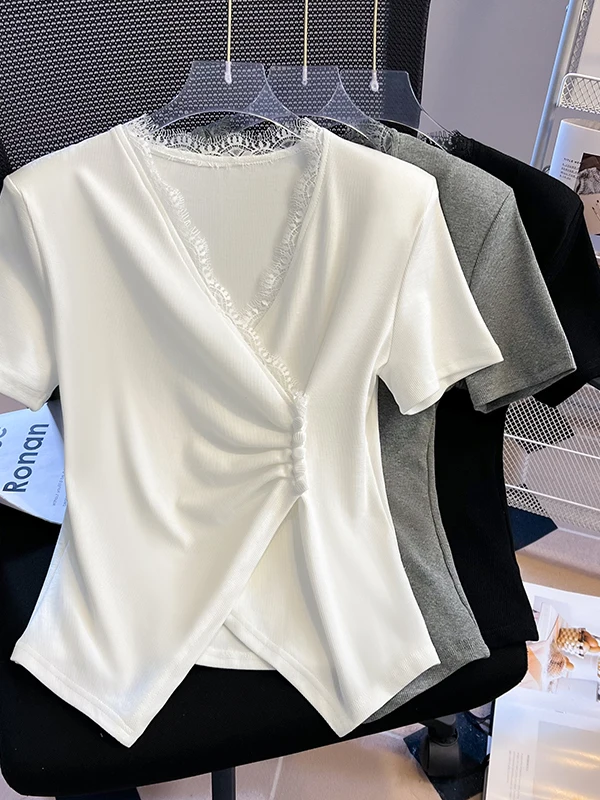 Lace Trim V-Neck Short Sleeve Split High Waist Top Really Too Good to Wear Guangzhou Thirteenth Factory High Quality Item
Lace Trim V-Neck Short Sleeve Split High Waist Top Really Too Good to Wear Guangzhou Thirteenth Factory High Quality Item