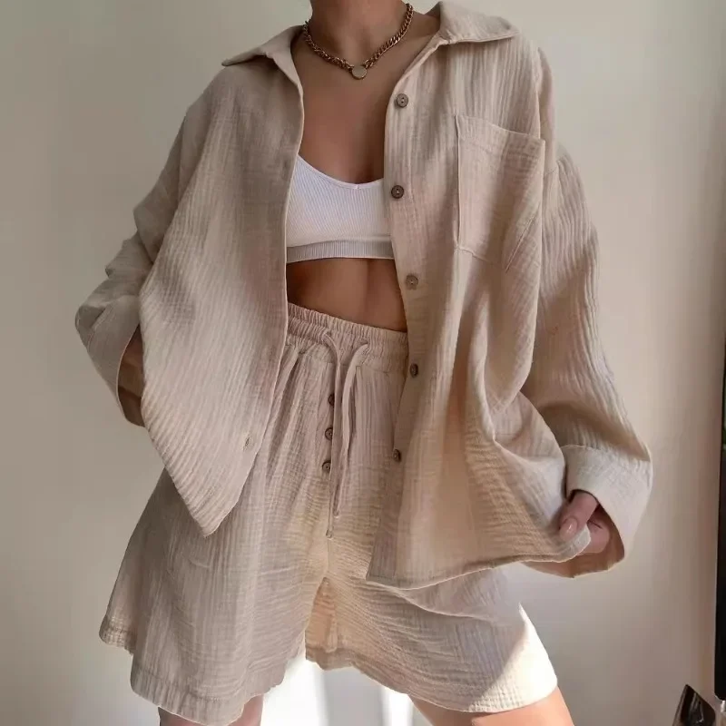 2025 European American Womens Wrinkle Fabric Lapel Long Sleeve Shirt High Waist Drawstring Shorts Casual Two Piece Set
2025 European American Womens Wrinkle Fabric Lapel Long Sleeve Shirt High Waist Drawstring Shorts Casual Two Piece Set
