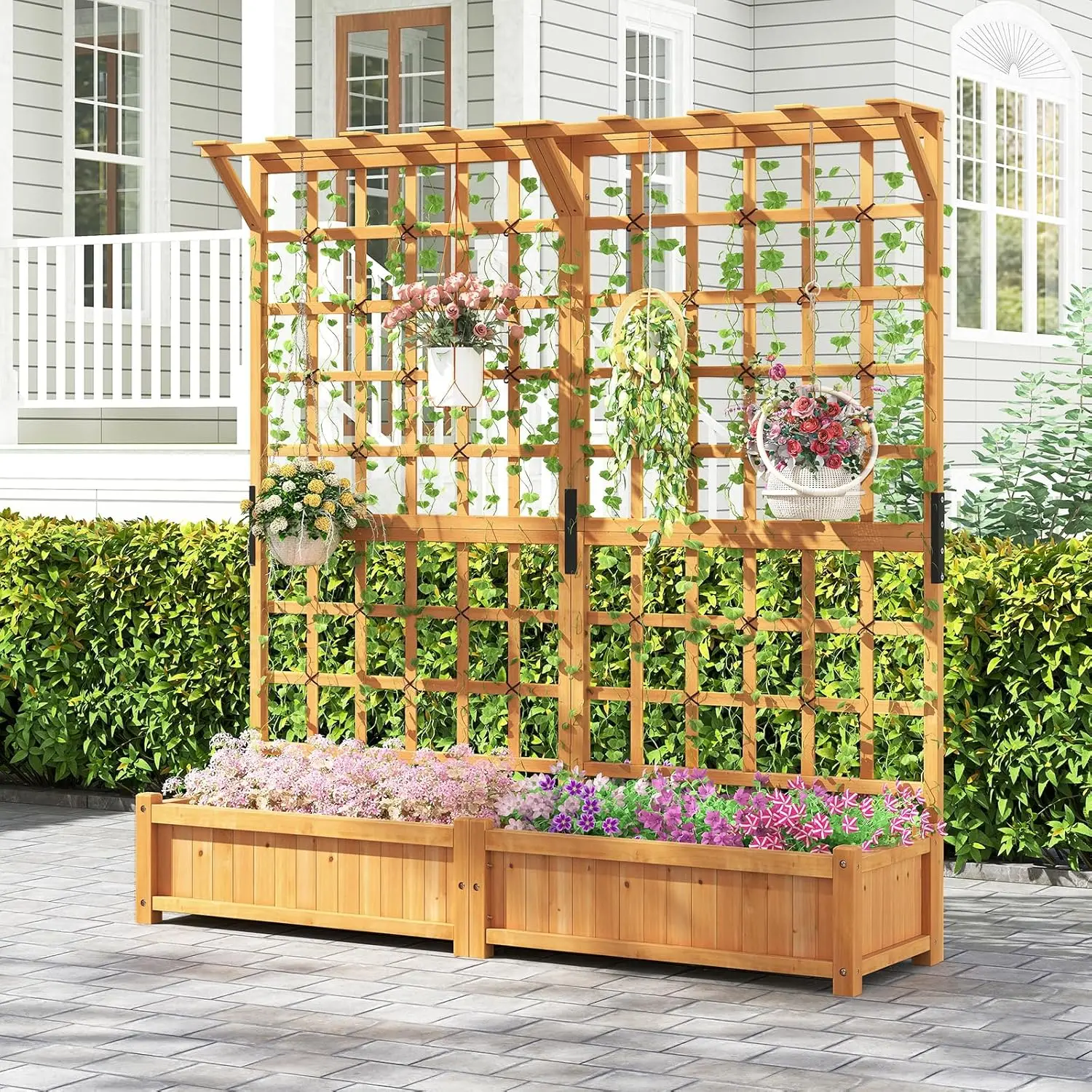 71" Raised Garden Bed with Trellis, Wood Planter Container w/2 Hanging Roof & Garden Boxes, 4 Drainage Holes, Outdoor Pl
71" Raised Garden Bed with Trellis, Wood Planter Container w/2 Hanging Roof & Garden Boxes, 4 Drainage Holes, Outdoor Pl