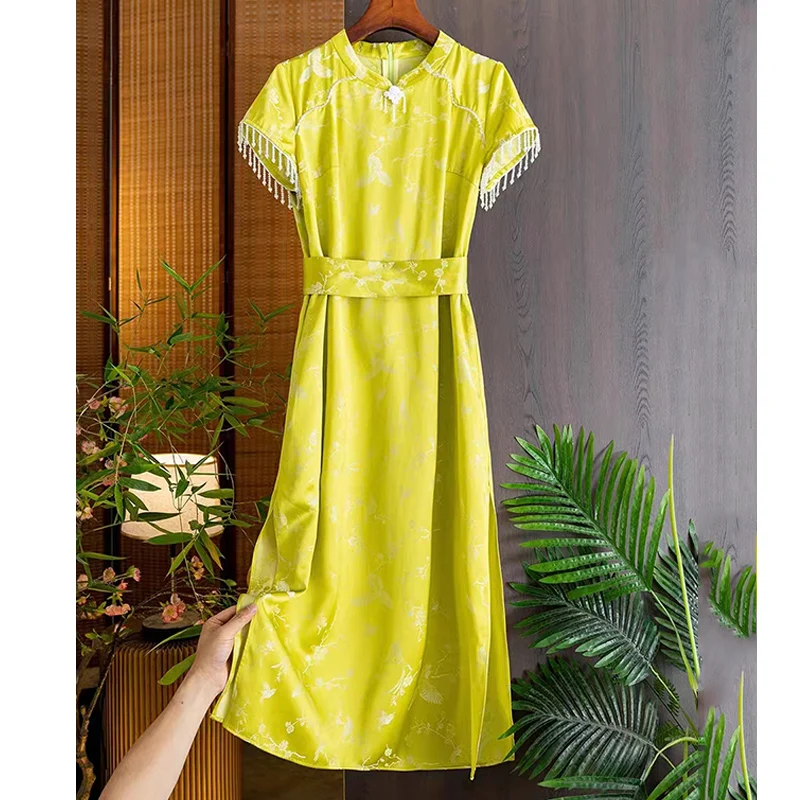 Chinese Style Satin Acetate Lace Up Qipao Women's Autumn 2023 New Jacquard Single Buckle + Bead Short Sleeve Dress S-XXL
Chinese Style Satin Acetate Lace Up Qipao Women's Autumn 2023 New Jacquard Single Buckle + Bead Short Sleeve Dress S-XXL