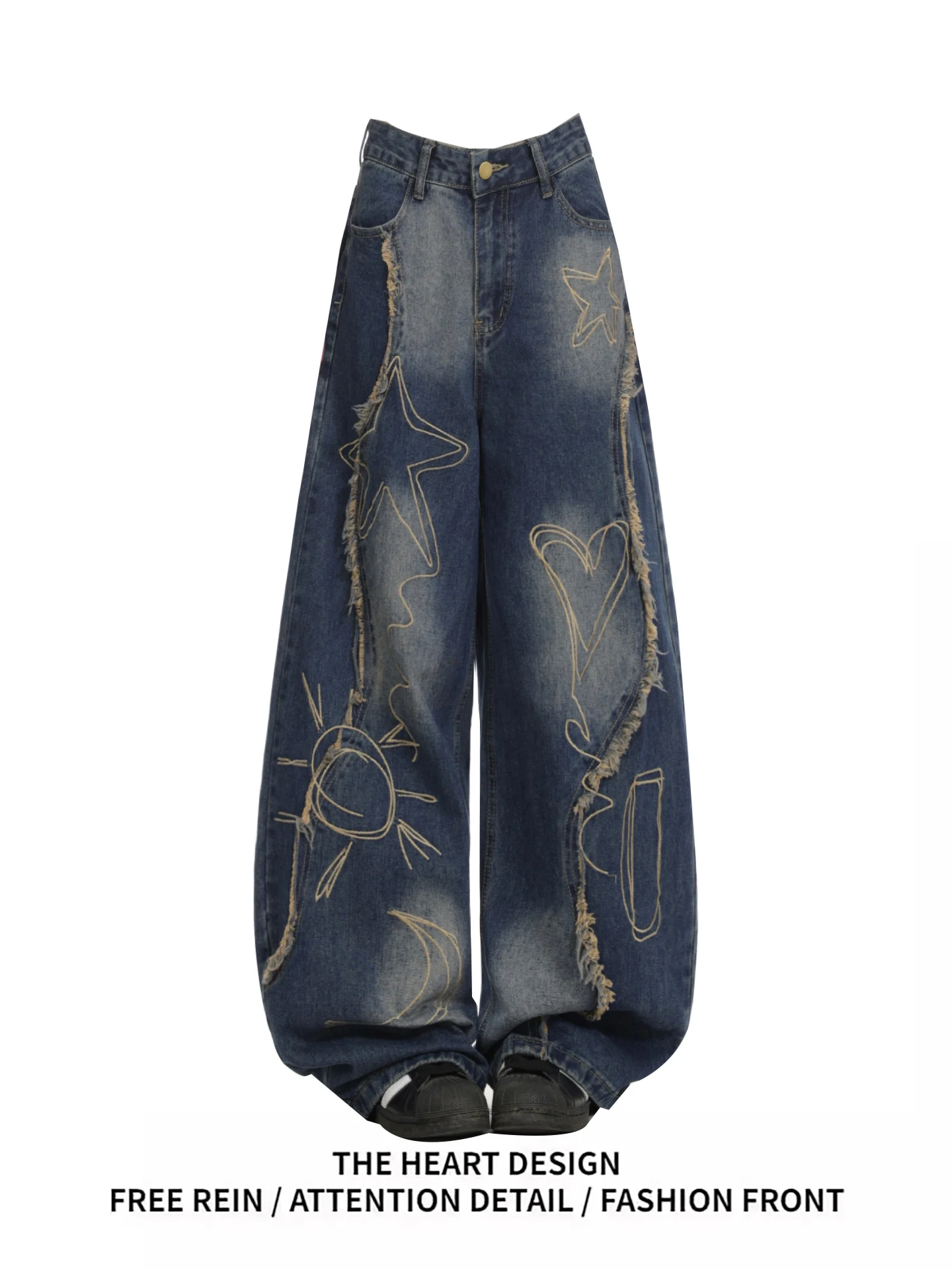 Retro American Embroidery Waed Frayed Denim Jeans Women's Loose Slim Wide Leg Straight Long Pants Autumn High Waist Zipper
Retro American Embroidery Waed Frayed Denim Jeans Women's Loose Slim Wide Leg Straight Long Pants Autumn High Waist Zipper