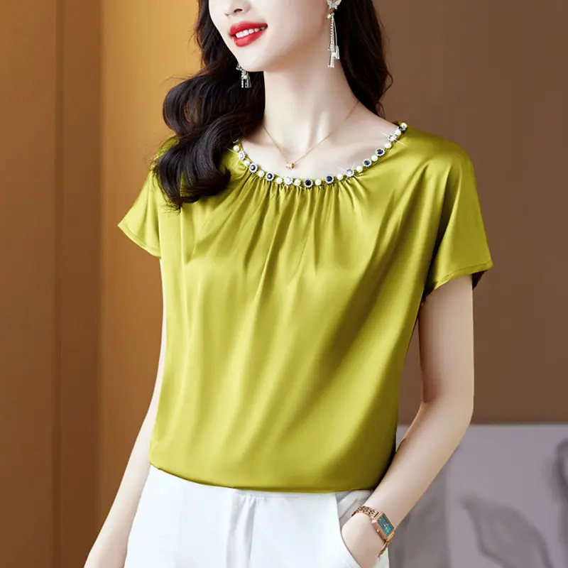 Elegant O-Neck Folds Short Sleeve Beading Satin Blouse Women's Clothing 2023 Summer New Casual Pullovers Office Lady Shirt
Elegant O-Neck Folds Short Sleeve Beading Satin Blouse Women's Clothing 2023 Summer New Casual Pullovers Office Lady Shirt