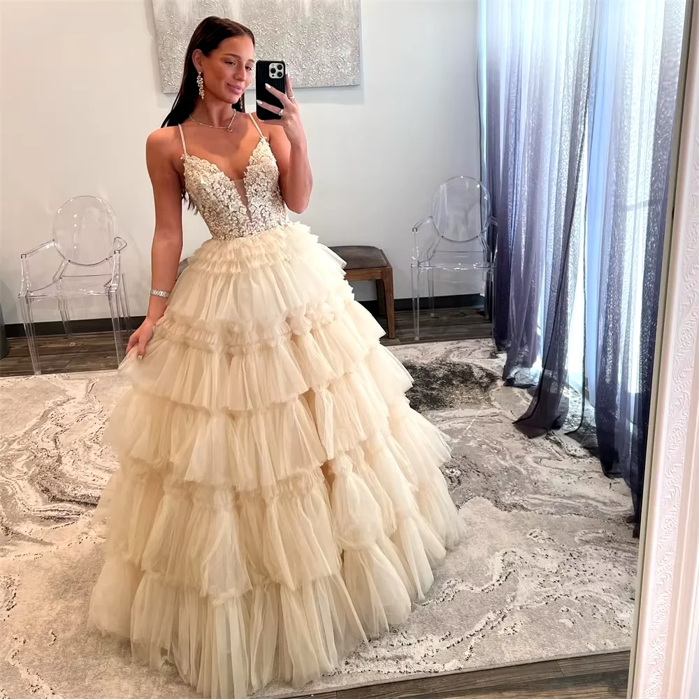 Beige Prom Dresses for Women Spaghetti Strap Evening Dress Elegant Sleeveless Customized Tulle Party vestidos de fiesta 2024
Beige Prom Dresses for Women Spaghetti Strap Evening Dress Elegant Sleeveless Customized Tulle Party vestidos de fiesta 2024