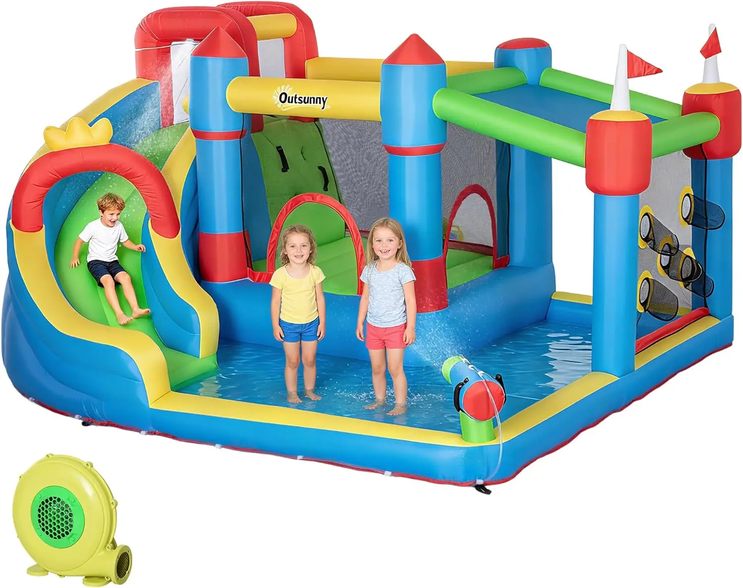 Inflatable Bounce House and Water Slide, 6-in-1 with Splash Pool, Climbing Wall, Water Cannon, Includes Air Blower, Inflates in 2 Minutes, for Kids
Inflatable Bounce House and Water Slide, 6-in-1 with Splash Pool, Climbing Wall, Water Cannon, Includes Air Blower, Inflates in 2 Minutes, for Kids
