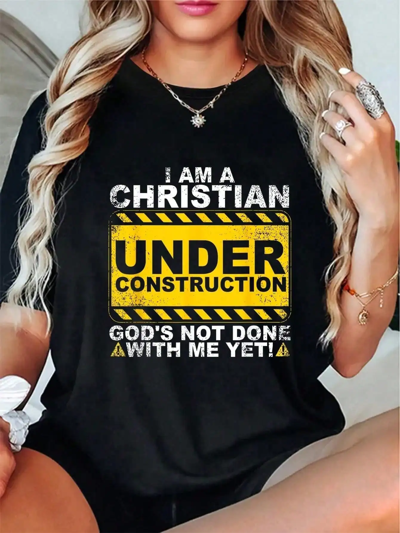 Black Loose Fit Graphic Tee with Construction Sign Design for Men and Women
Black Loose Fit Graphic Tee with Construction Sign Design for Men and Women