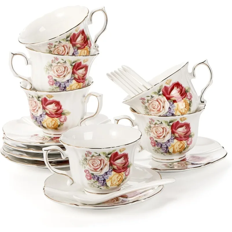Набор из 6 чайных чашек и блюдец, керамический набор кофейных чашек с цветочным принтом 8 унций и ложкой, британские чайные чашки Vintage Rose с золотой отделкой 
Набор из 6 чайных чашек и блюдец, керамический набор кофейных чашек с цветочным принтом 8 унций и ложкой, британские чайные чашки Vintage Rose с золотой отделкой