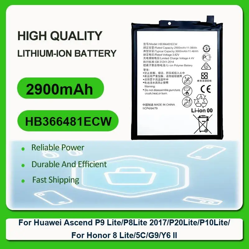 New 2900mAh Mobile Phone Battery For Huawei Ascend P9 Lite/P8Lite 2017/P20Lite/P10Lite For Honor 8 Lite/5C/G9/Y6 II HB366481ECW
New 2900mAh Mobile Phone Battery For Huawei Ascend P9 Lite/P8Lite 2017/P20Lite/P10Lite For Honor 8 Lite/5C/G9/Y6 II HB366481ECW