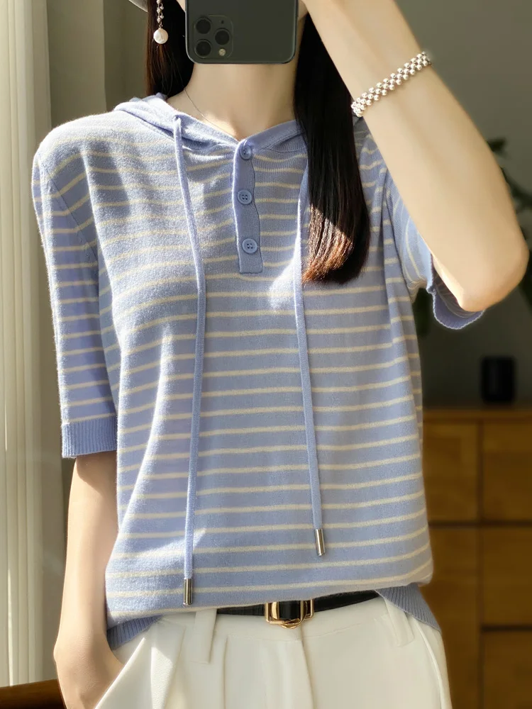 Striped Hooded Knit Top, Women's Short Length 5/4 Sleeve Loose Fit Thin T-Shirt, Korean Style Casual Layering Essential
Striped Hooded Knit Top, Women's Short Length 5/4 Sleeve Loose Fit Thin T-Shirt, Korean Style Casual Layering Essential