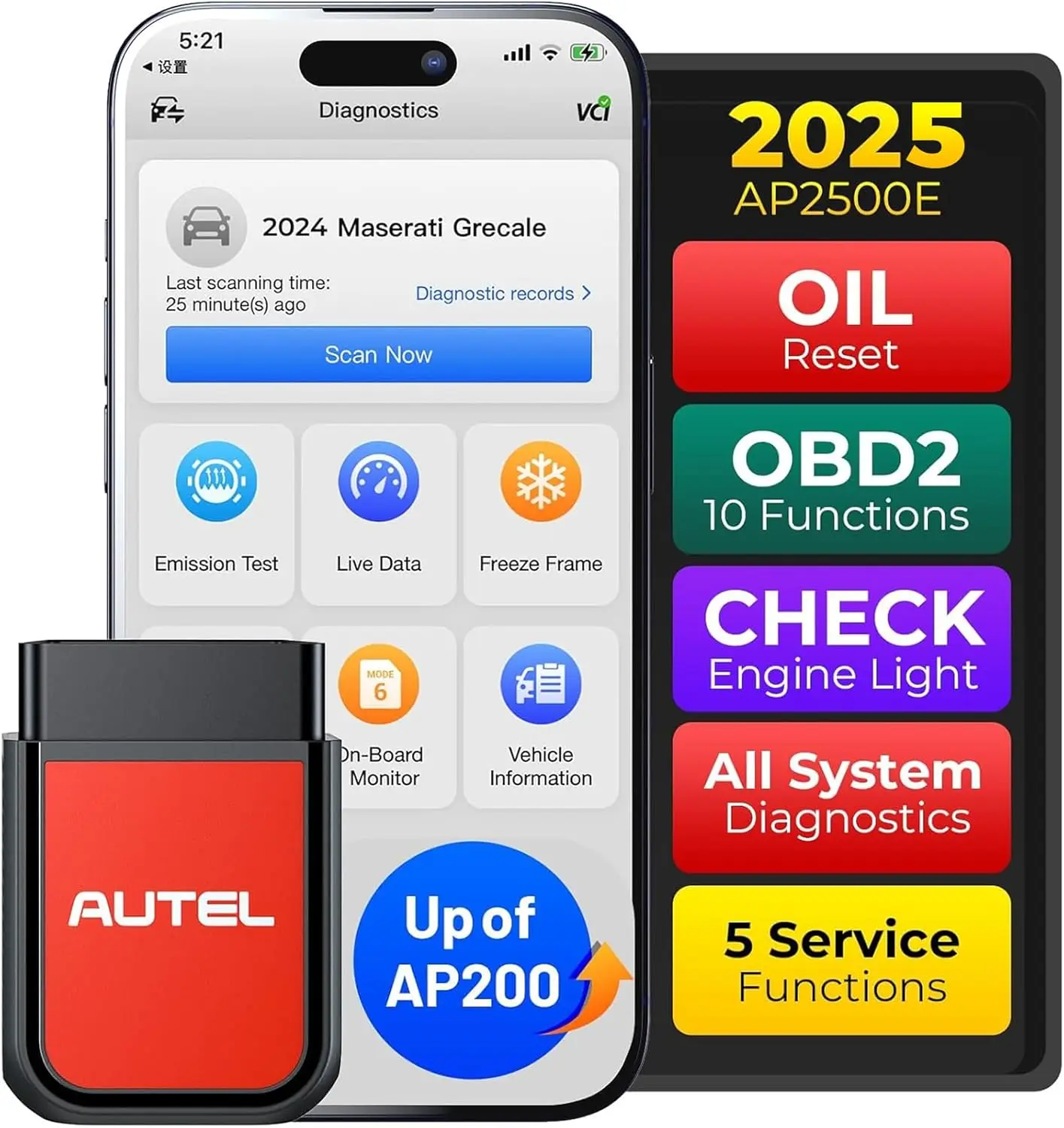 AP2500E OBD2 Scanner Bluetooth Code Reader, All-System Diagnostic Tool with CAN FD, AutoVIN, Check Engine Light, for Android/iOS
AP2500E OBD2 Scanner Bluetooth Code Reader, All-System Diagnostic Tool with CAN FD, AutoVIN, Check Engine Light, for Android/iOS